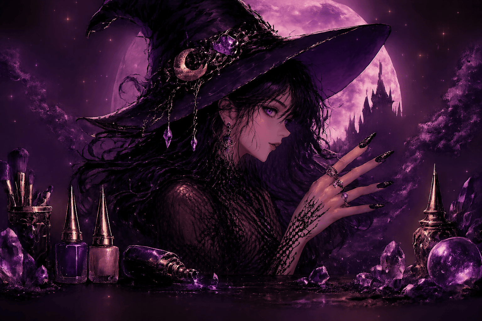 Dark fantasy purple nail studio landing page with moonlight, crystals, black lace, and glowing violet accents
