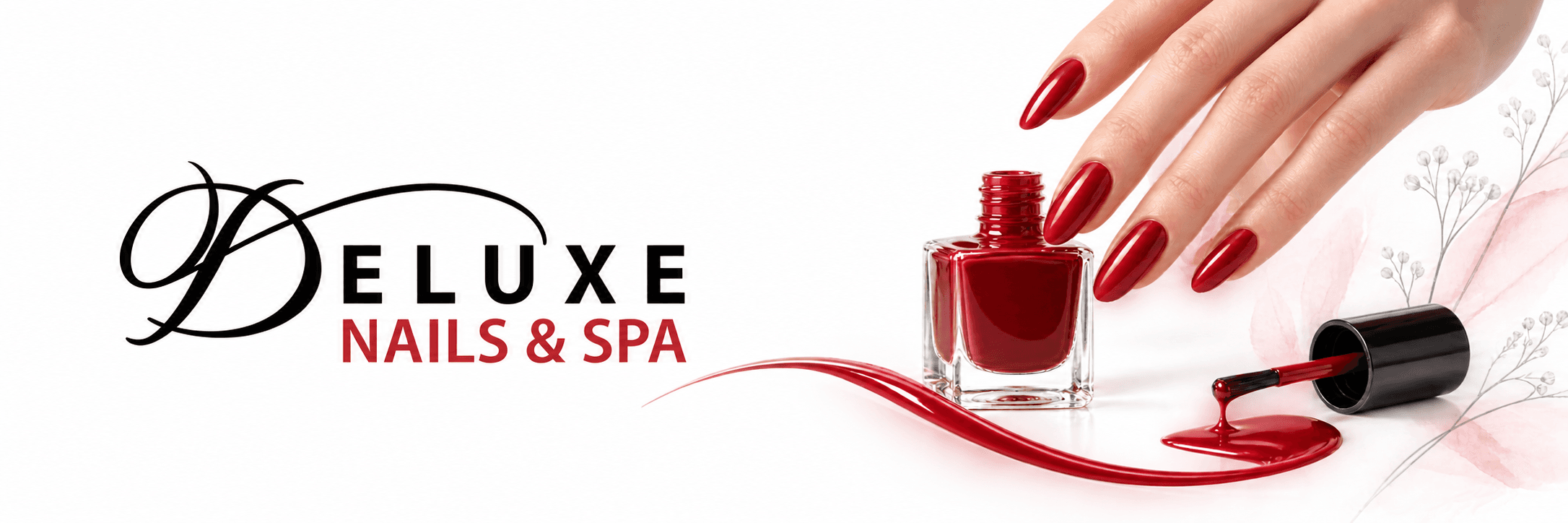 Deluxe Nails & Spa branding with a glossy red manicure