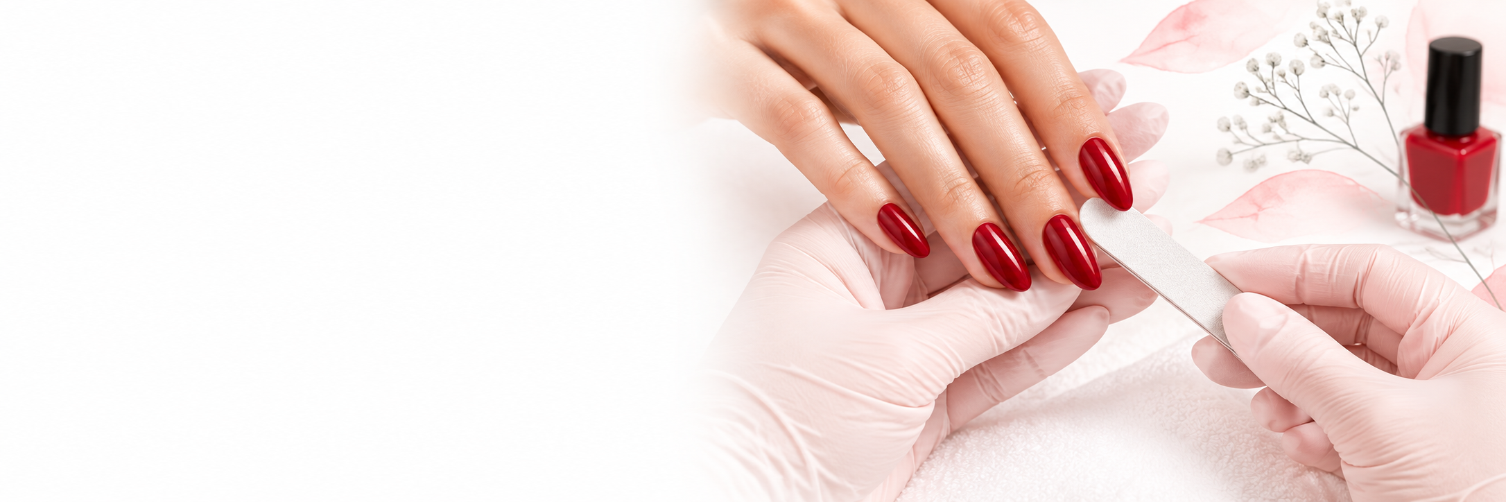 A nail artist carefully shaping a glossy red manicure with soft pink gloves